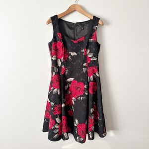 WHBM Black Red‎ Rose Fit n Flare Sleeveless Formal Dress women's size 14